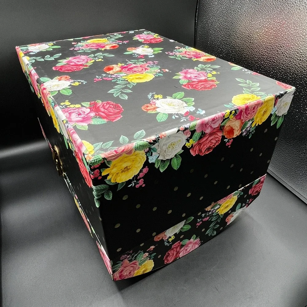 Floral Polka Dot Decorative Storage Trunk Black Pink Rose Gold Latch Chest 15.5